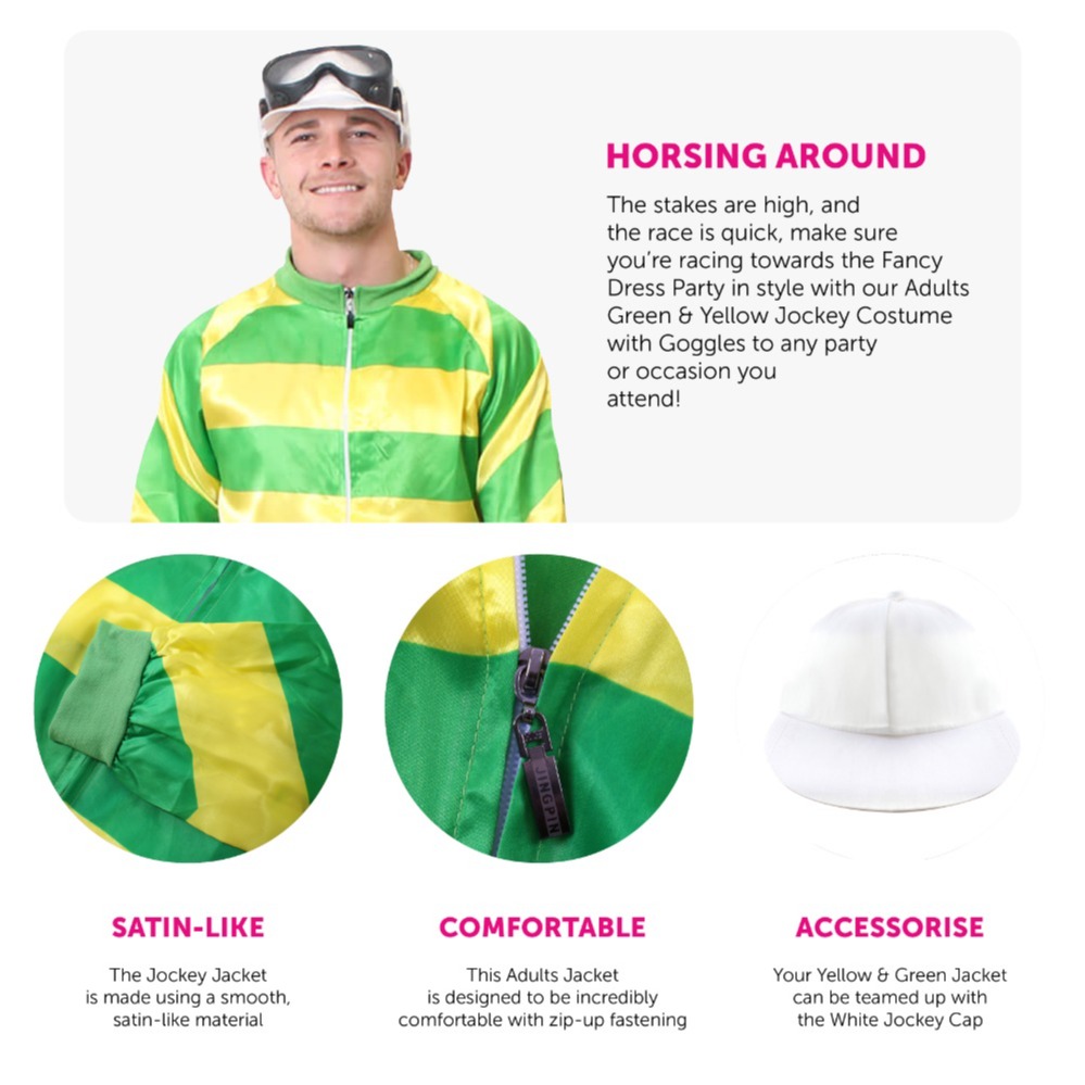 Adults Green & Yellow Jockey Costume - with White Trousers, Boot Covers & Black Goggles