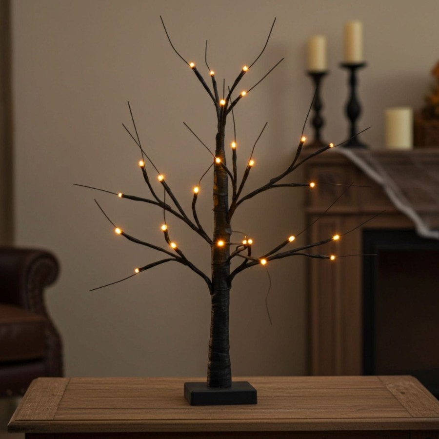 Black Mini Halloween Twig Tree Pre-Lit Orange Static LED Lights 60cm