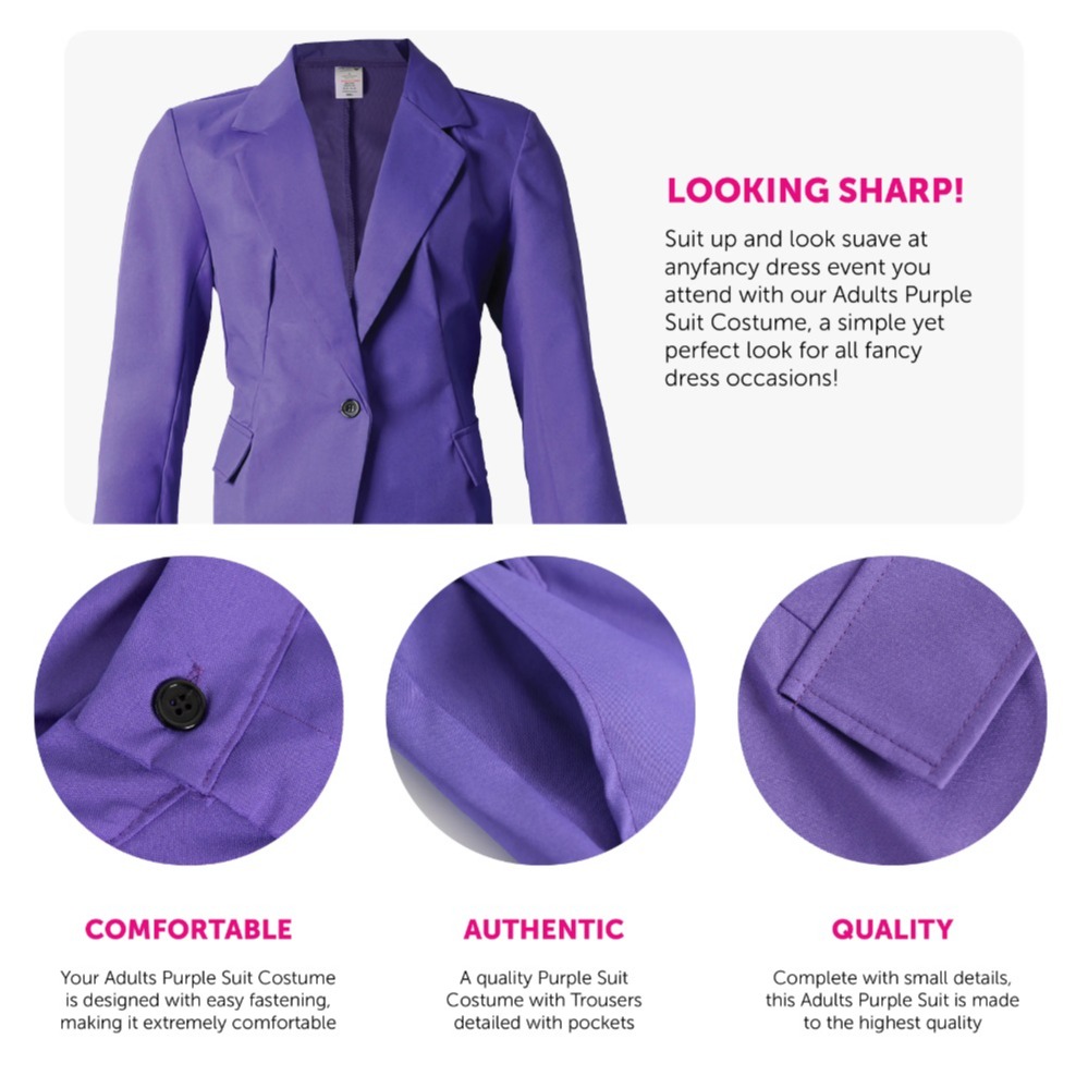 Adults Groovy Spy Costume | 5 Pcs | Purple Jack Jacket, Shirt, Trousers, Wig & Glasses