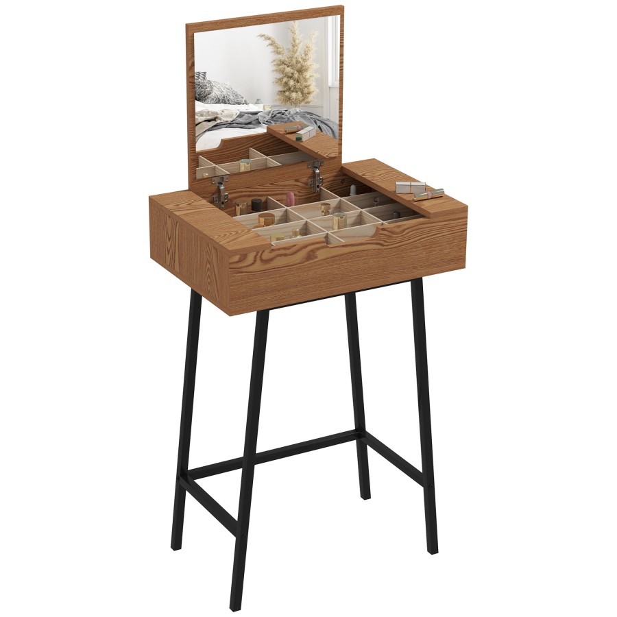 Click to view product details and reviews for Homcom Dressing Table With Flip Up Mirror 16 Small Compartments Industrial Vanity Desk Makeup Desk With Steel Legs For Bedroom Natural Wood Effect.