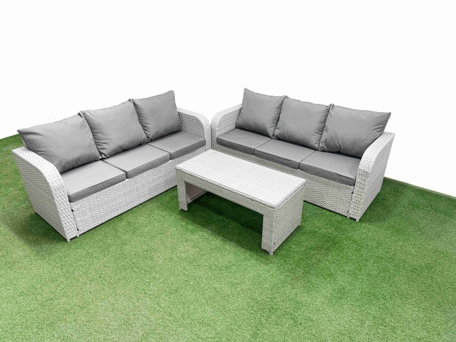 Click to view product details and reviews for Fimous Outdoor Garden Furniture Sets 6 Seater Wicker Rattan Furniture Sofa Sets With Oblong Coffee Table High Back Lounge Sofa Light Grey.