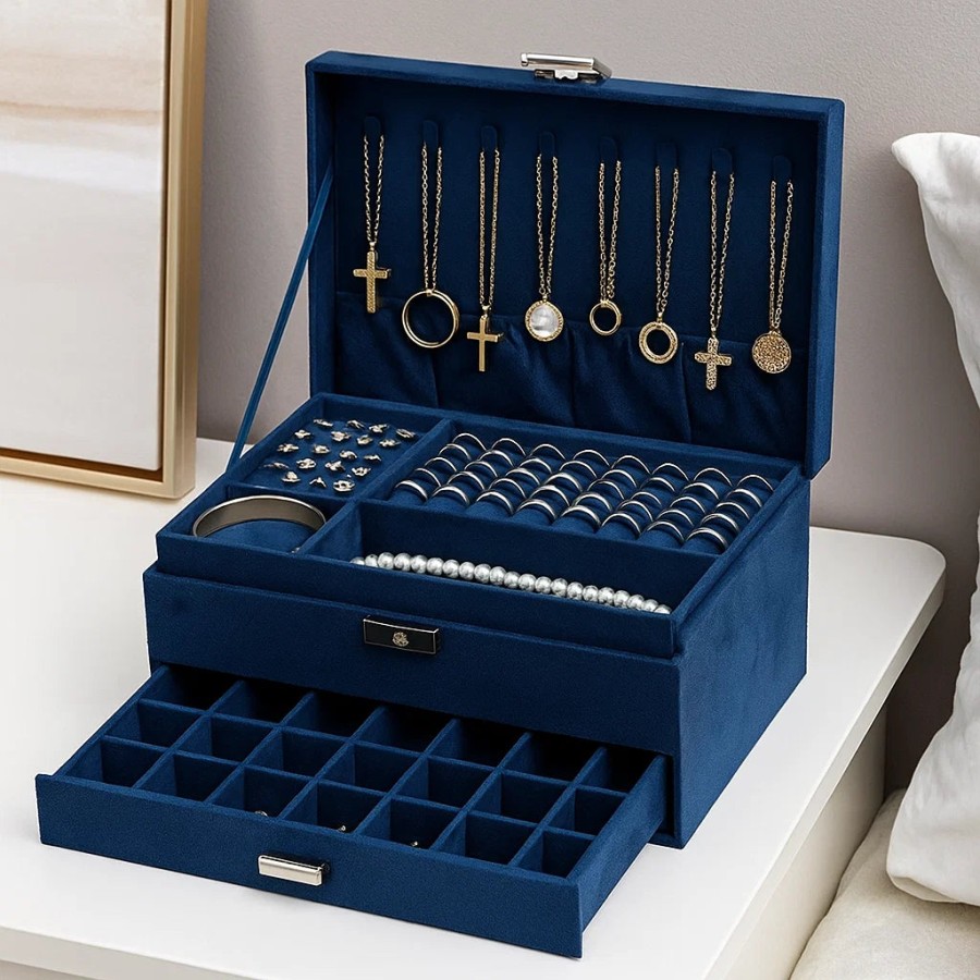3-Layer Blue Jewellery Box with Lock, Drawer Organizer for Rings, Earrings & Necklaces
