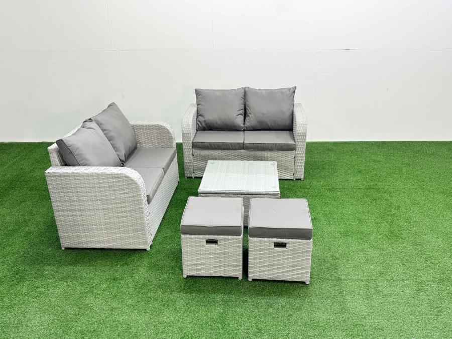 Click to view product details and reviews for Fimous 6 Seater Outdoor Love Sofa Set Rattan Garden Furniture Set With Square Coffee Table 2 Small Stools Light Grey.