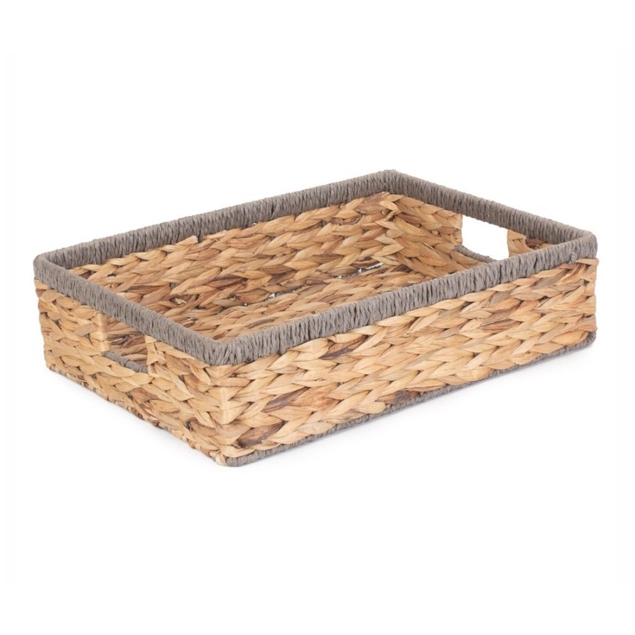 Red Hamper Shallow Rectangular Water Hyacinth With Grey Rope Border Storage Basket - Large