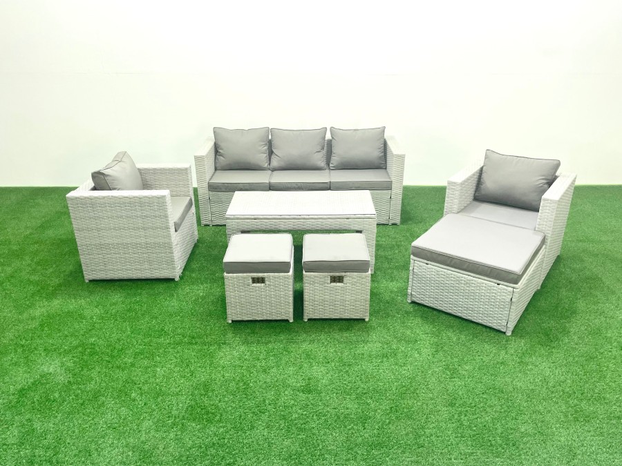 Click to view product details and reviews for Fimous Rattan Garden Furniture Set 8 Seater Outdoor Garden Sofa Oblong Coffee Table Set With 2 Chairs 3 Stools Light Grey Mixed.