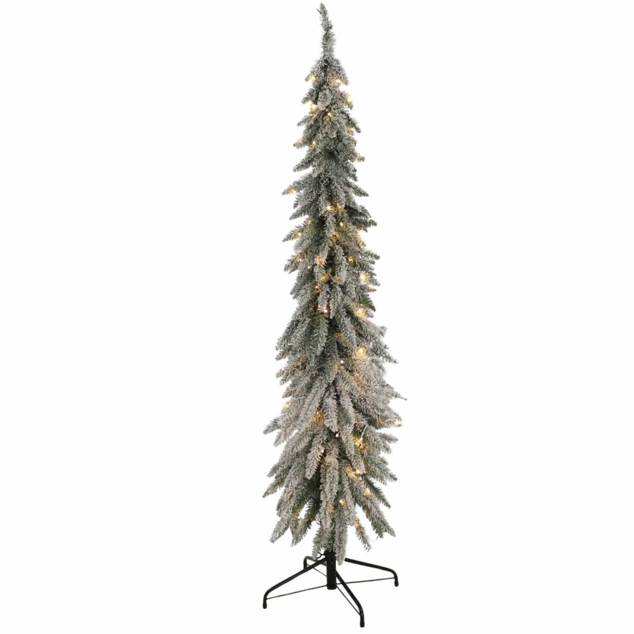 6ft Slim Snowy Pre-Lit Downswept Flocked Pencil Christmas Tree Lights
