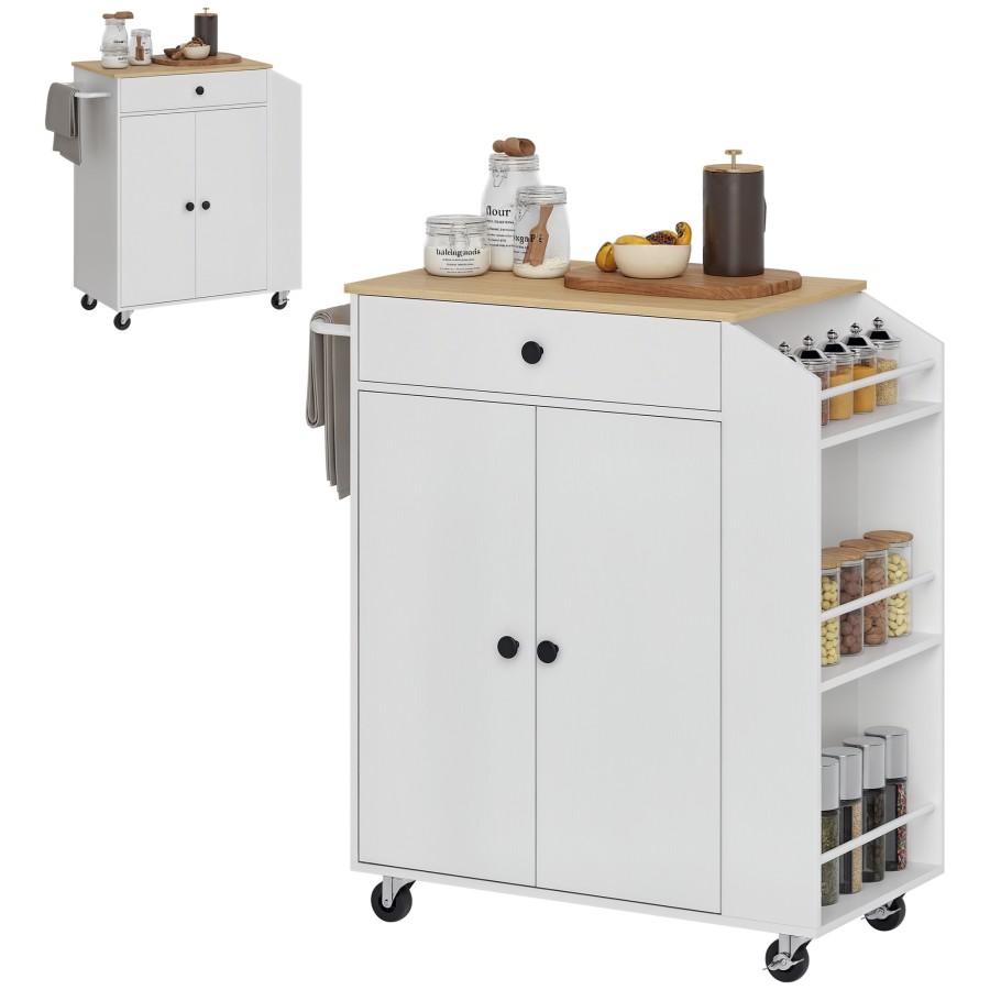Click to view product details and reviews for Homcom Kitchen Island On Wheels With Drawer Rolling Kitchen Storage Trolley With 3 Tier Spice Rack Towel Rack And Adjustable Shelf White.