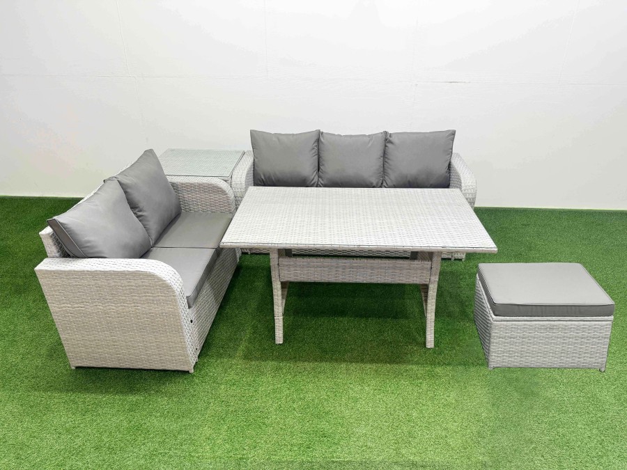 Click to view product details and reviews for Fimous 6 Seater Pe Rattan Wicker Garden Furniture Patio Conservatory Sofa Set With Rectangular Dining Table 3 Seater Sofa Love Sofa Big Footstool Side.
