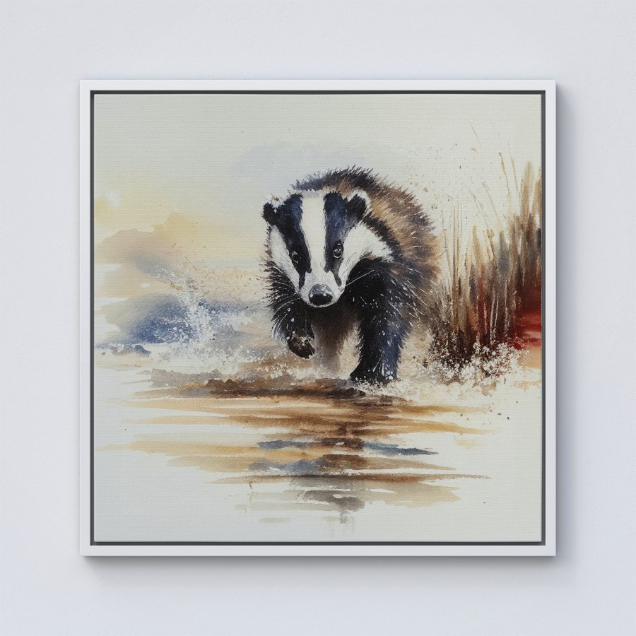 Click to view product details and reviews for Wading Badger Watercolour Framed Canvas 10 X 10 White.