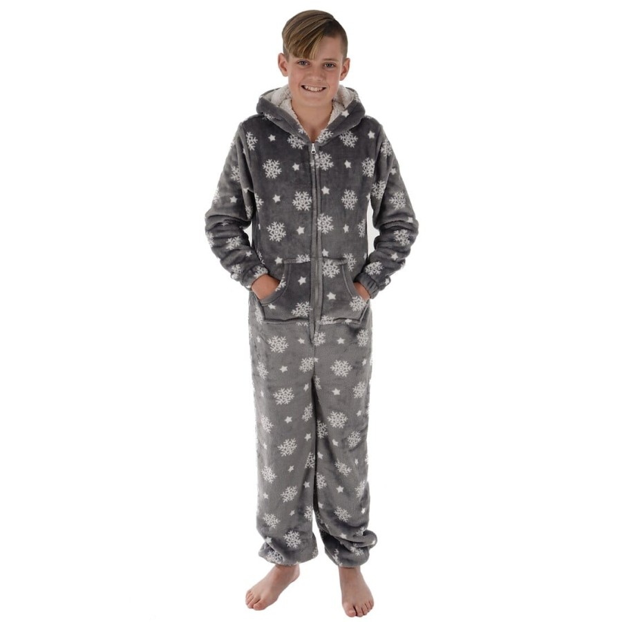 Click to view product details and reviews for Kids All In One Pyjamas Snowflake Fleece Hooded Sleep Suit Grey 10 11.