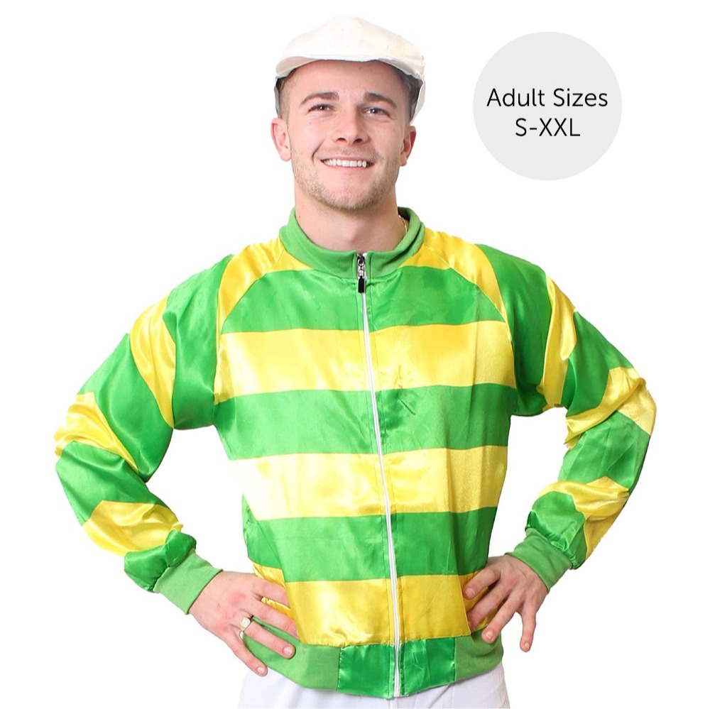 Adults Green & Yellow Jockey Costume - with White Trousers, Boot Covers & Black Goggles