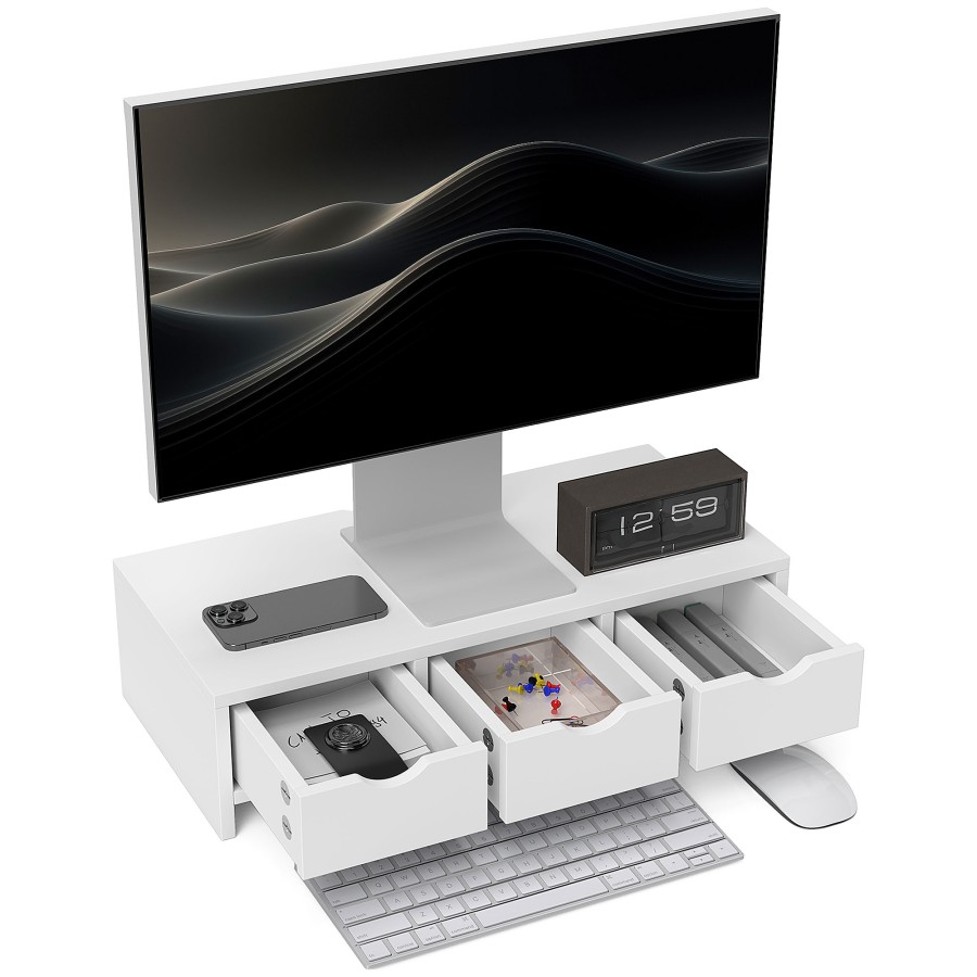 Click to view product details and reviews for Homcom Monitor Stand Riser With 3 Drawers Monitor Riser For Laptop Computer Pc Small Printer 51 X 24 X 13cm White.
