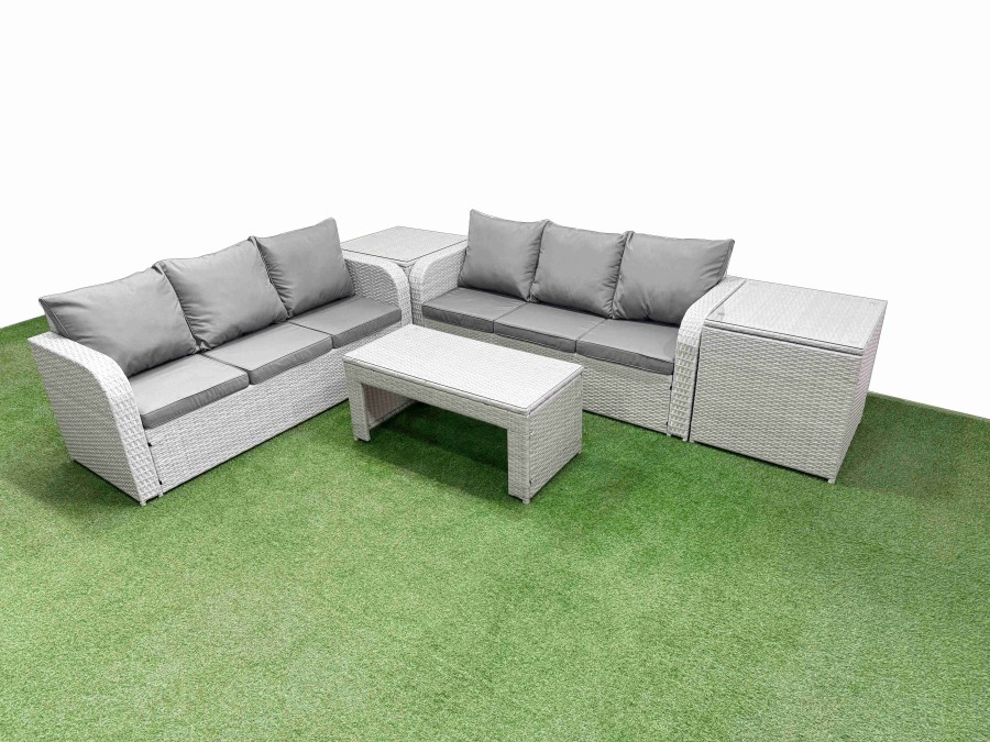 Click to view product details and reviews for Fimous Outdoor Garden Furniture Sets 6 Seater Wicker Rattan Furniture Sofa Sets With Oblong Coffee Table High Back Lounge Sofa 2 Side Table Light Grey.