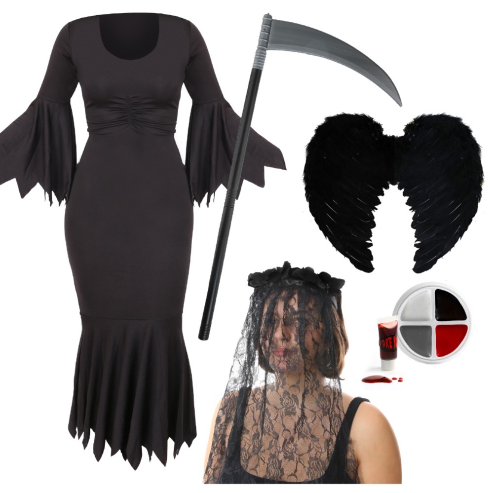 Click to view product details and reviews for Ladies Reaper Costume Dress Wings Face Paint Scythe Veil 2xl.