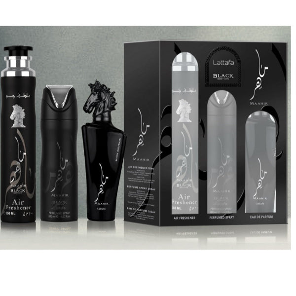 Lattafa Maahir Black Edition 100ml EDP Spray + 200ml Perfume Spray + 300ml Air Freshener Gift Set