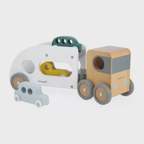 Wooden Car Transporter Carrier Toy with Three Vehicles