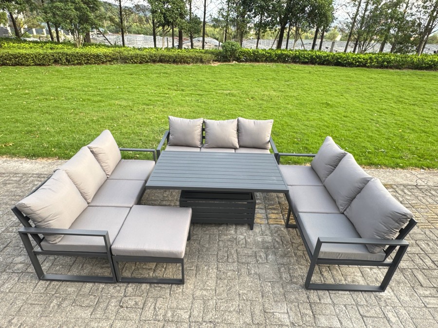 Fimous U-shaped Garden Furniture Set 10-Seater Aluminium Outdoor Dining Set with Adjustable Rising Lifting Dining Table Big Footstool Dark Grey