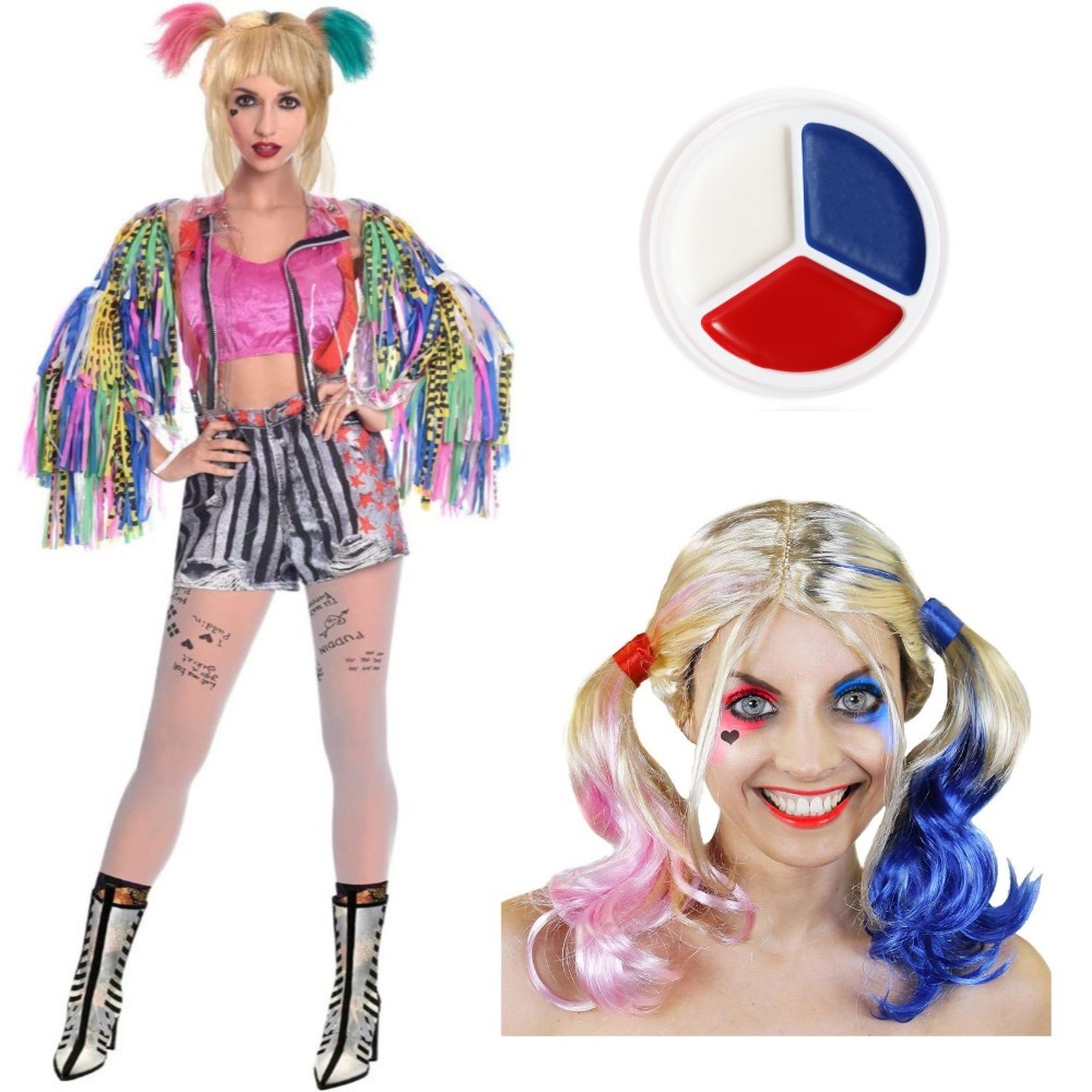 Official Licensed Harley Quinn Costume | 7 Pcs | Jacket, Top, Shorts, Braces, Tights, Wig & Face Paint
