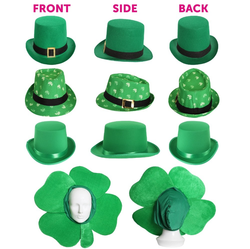 4 Pack Irish Novelty Hats - Clover, trilby, Satin & Buckle Top Hats
