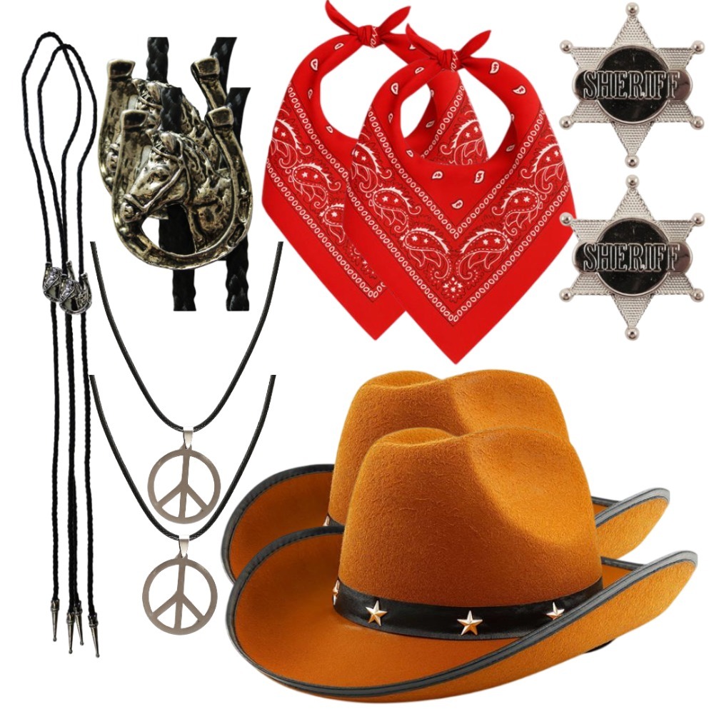 Click to view product details and reviews for Adults Cowboy Duo Set 10 Pcs Brown Hat Bootlace Tie Necklace Bandana Sheriff Badge.