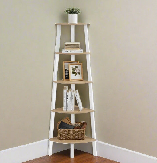 5-Tier Corner Shelf Unit, Oak & White Ladder Shelf for Living Room or Bedroom