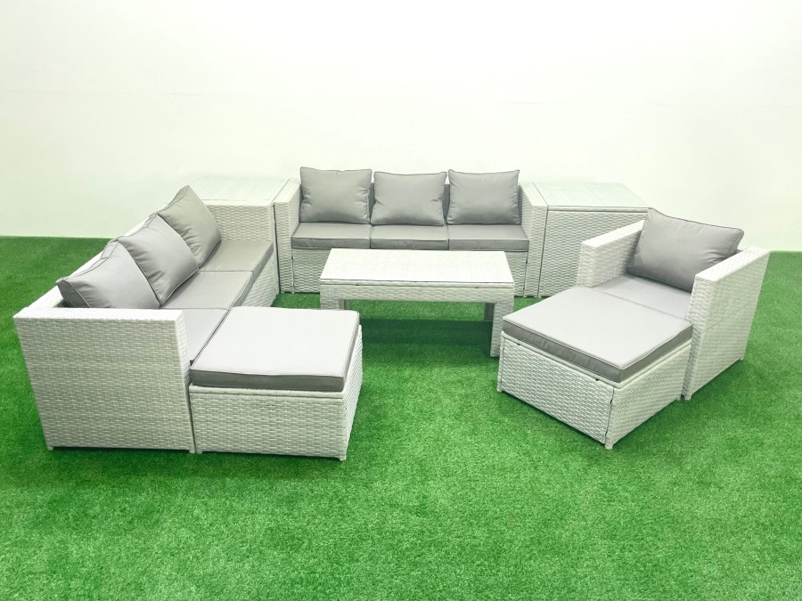 Click to view product details and reviews for Fimous Wicker Pe Rattan Sofa Garden Furniture Set With Oblong Coffee Table Armchair 2 Big Footstools 2 Side Tables Light Grey Mixed.