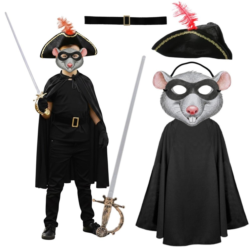 Childs Highway Rodent Costume | 5 Pcs | Cape, Feather Tricorn Hat, Rat Mask, Sword & Belt
