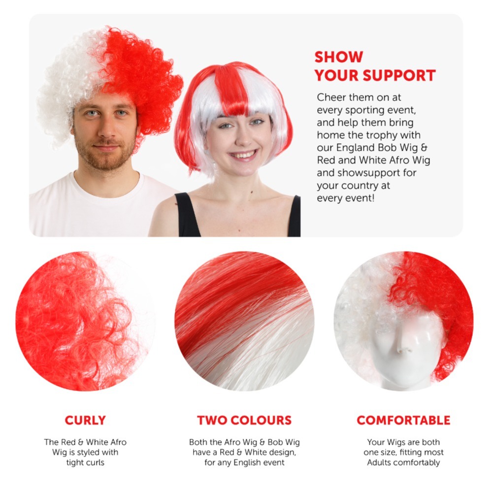 England Flag Afro Wig & Red Bob Wig Duo