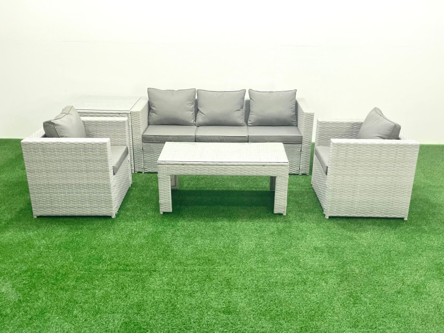 Click to view product details and reviews for Fimous Rattan Garden Furniture Set 5 Pieces Outdoor Garden Sofa Oblong Coffee Table Set With 2 Chairs Side Tabe Light Grey Mixed.