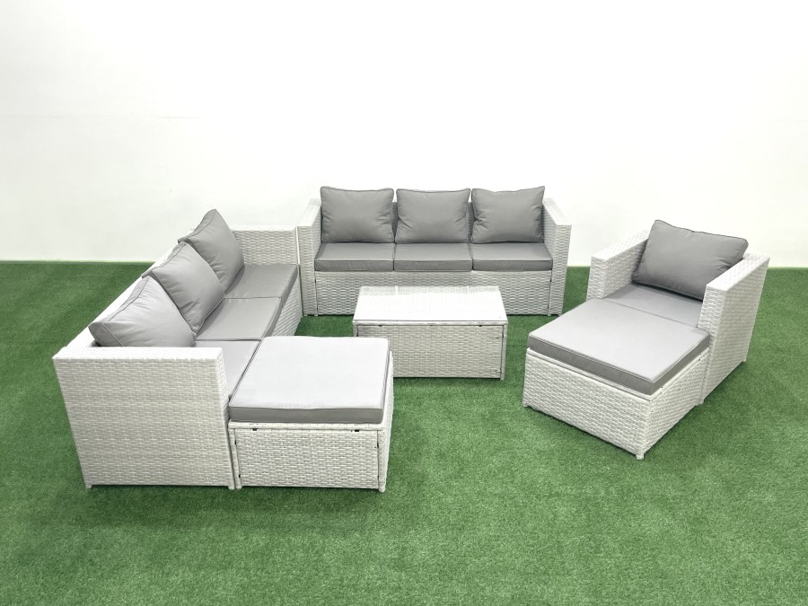 Click to view product details and reviews for Fimous Wicker Pe Rattan Sofa Garden Furniture Set With Armchair Oblong Coffee Table 2 Big Footstools Light Grey Mixed.