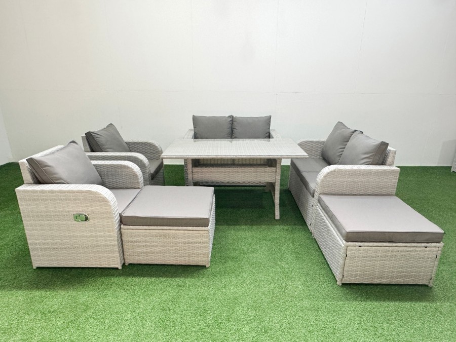 Click to view product details and reviews for Fimous 8 Seater Outdoor Reclining Chair Love Sofa Set Rattan Garden Furniture Set With Rectangular Dining Table 2 Big Footstools Light Grey.