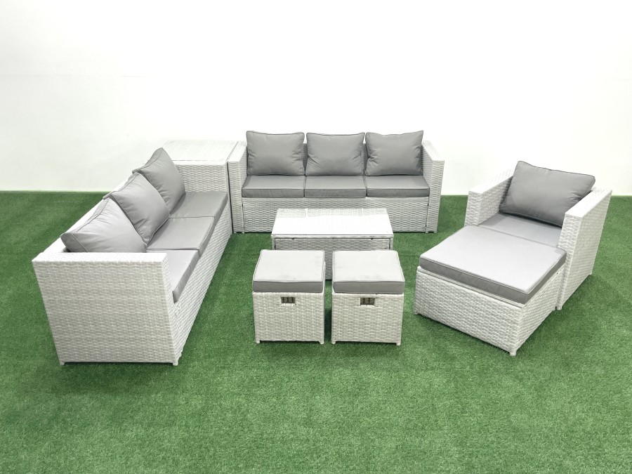 Click to view product details and reviews for Fimous Wicker Pe Rattan Sofa Garden Furniture Set With Armchair Oblong Coffee Table 3 Footstools Side Table Light Grey Mixed.