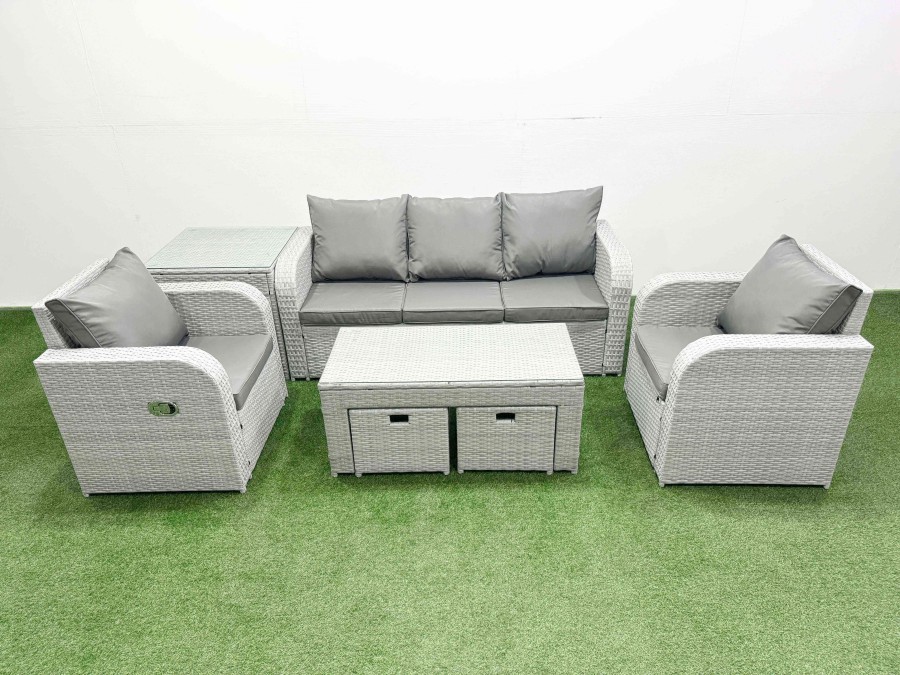 Click to view product details and reviews for Fimous Pe Rattan Garden Furniture Set Reclining Chair Sofa Lounge Sofa Set Rectangular Coffee Table Side Table 2 Small Stools Light Grey. Click to view product details and reviews for Fimous Pe Rattan Garden Furniture Set Reclining Chair Sofa Lounge Sofa Set Rectangular Coffee Table Side Table 2 Small Stools Light Grey.