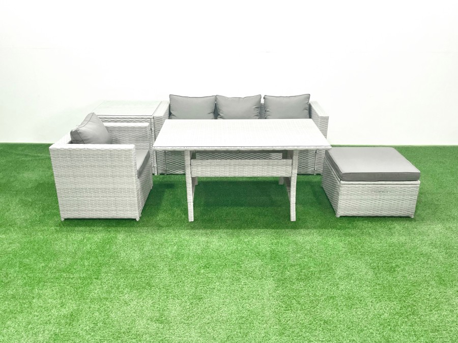 Click to view product details and reviews for Fimous Rattan Garden Furniture Set Outdoor 5 Seater Patio Dining Sets With Glass Top Dining Table And Side Table Light Grey Mixed.