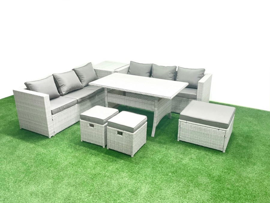 Click to view product details and reviews for Fimous Rattan Garden Furniture Set 9 Seater Outdoor Sofa Set With Dining Table Side Table 3 Footstools Light Grey Mixed.