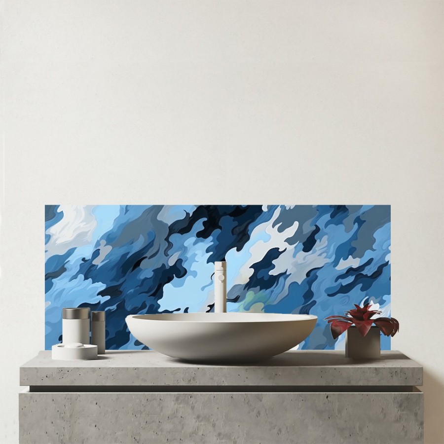 Click to view product details and reviews for Blue And Grey Canvas Brushstrokes Glass Bathroom Splashback.