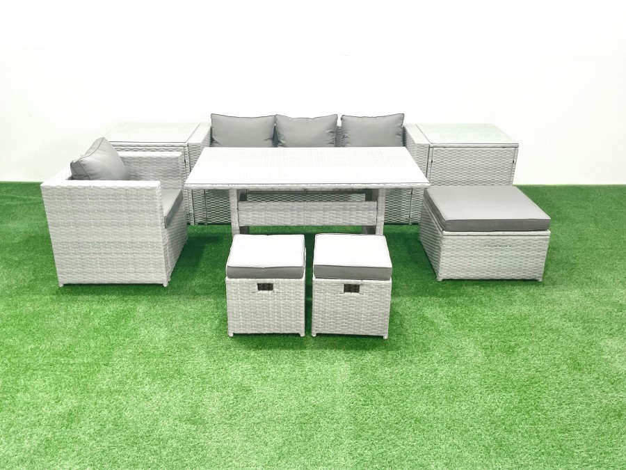 Click to view product details and reviews for Fimous Rattan Garden Furniture Dining Set 7 Seater Lounge Sofa Chair Dining Table Set With 3 Footstools 2 Side Tables Light Grey Mixed.