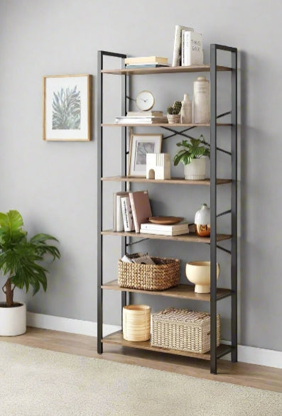 6-Tier Industrial Bookshelf with X-Brace – Tall Slim Bookcase, 30 x 80 x 186 cm, Wheat Brown & Ink Black