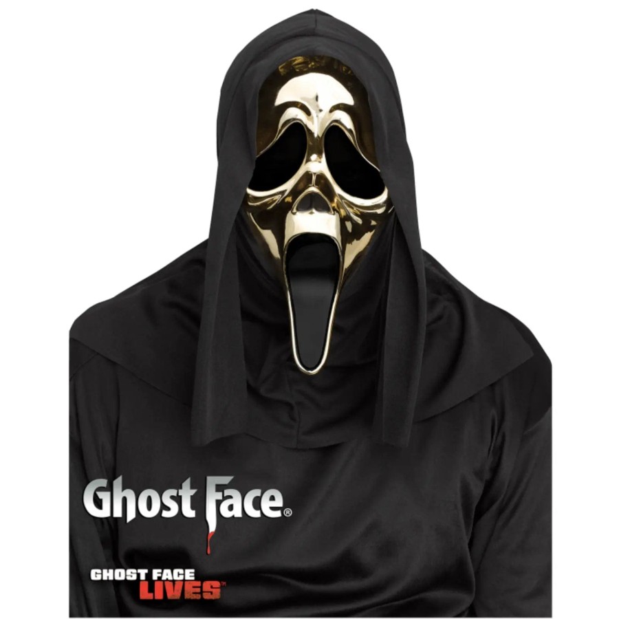 Click to view product details and reviews for Ghost Face Golden Metallic Mask With Black Shroud Fancy Dress.