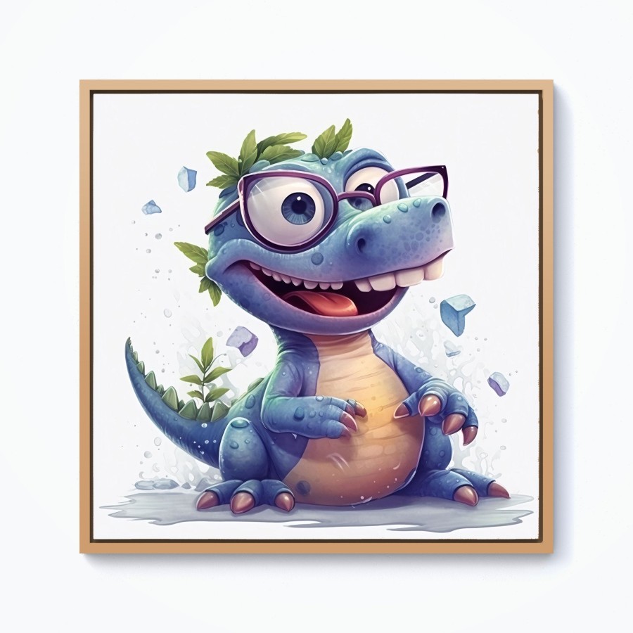 Click to view product details and reviews for Happy Dinosaur With Glasses Framed Canvas 10 X 10 Pine.