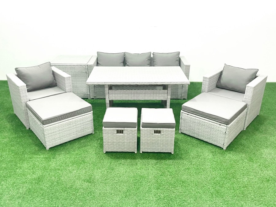Click to view product details and reviews for Fimous Rattan Garden Furniture Set Outdoor 9 Seater Patio Dining Sets With Glass Top Dining Table And Side Table Light Grey Mixed.
