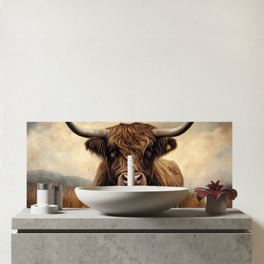 Click to view product details and reviews for Bronze Effect Highland Cow Glass Bathroom Splashback.