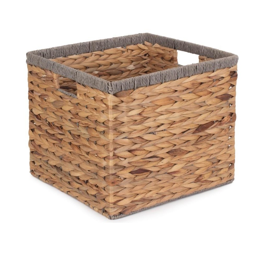Red Hamper Square Water Hyacinth With Grey Rope Border Storage Basket - Small