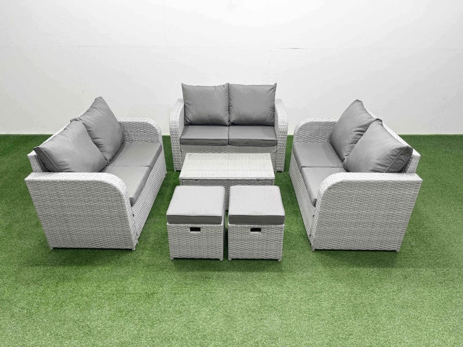 Click to view product details and reviews for Fimous 8 Seater Pe Wicker Rattan Furniture Sofa Sets With Rectangular Coffee Table 2 Seater Love Sofa 2 Stool Side Table Light Grey.