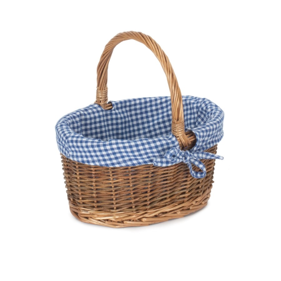 Red Hamper Blue Checked Lined Country Oval Wicker Shopping Basket - Small
