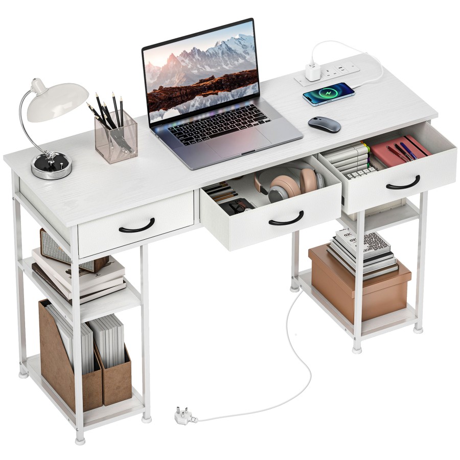 Click to view product details and reviews for Homcom Computer Desk With Power Outlets 120cm Home Office Desk With 3 Fabric Drawers And 4 Storage Shelves Study Table Workstation For Bedroom Whit.