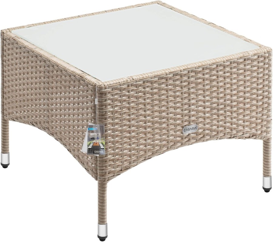 Square Rattan Garden Table Glass Top Beige
