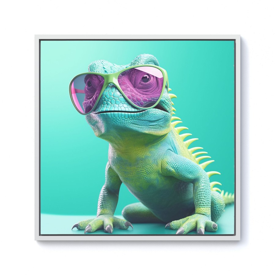 Click to view product details and reviews for Happy Splashart Iguana Wearing Glasses Framed Canvas 10 X 10 White.