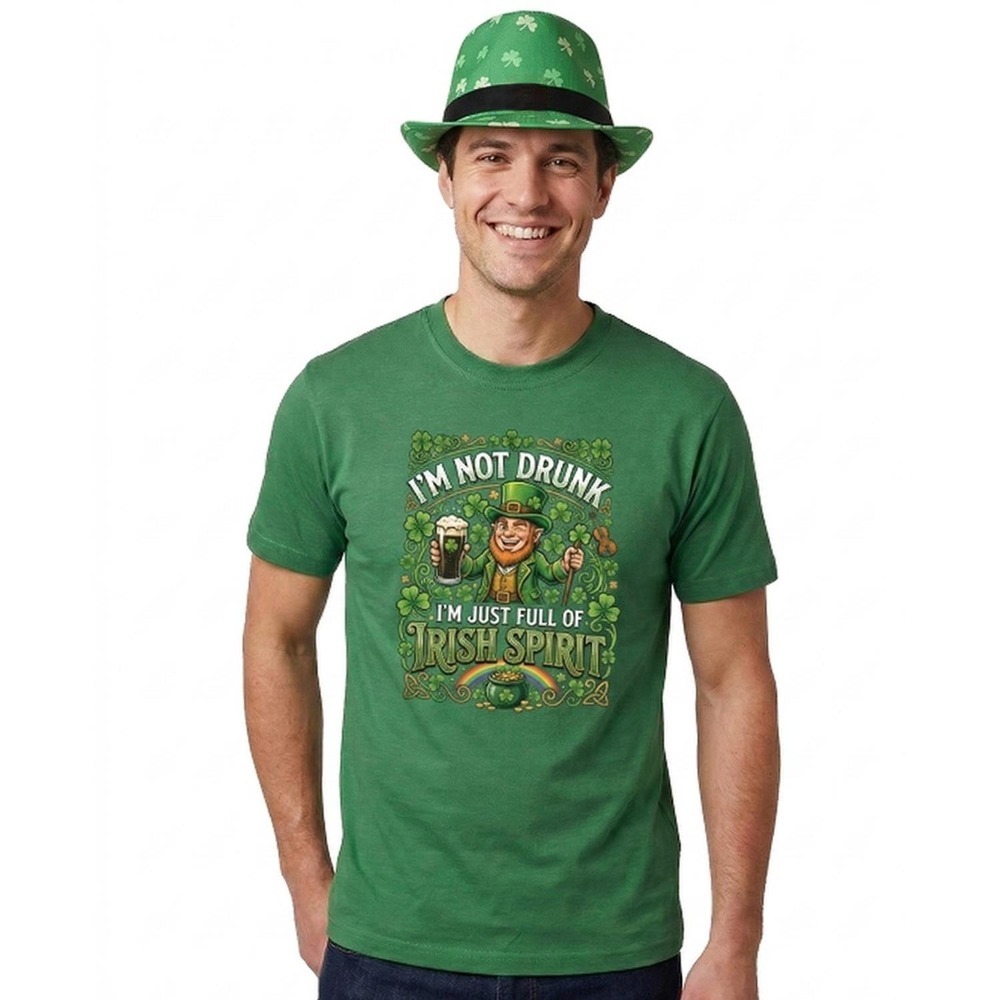 Click to view product details and reviews for Adults Funny St Patricks Day Costume Trilby Hat T Shirt &ldquo;im Not Drunk Im Just Full Of Irish Spirit Green Tee With Green Print Large.