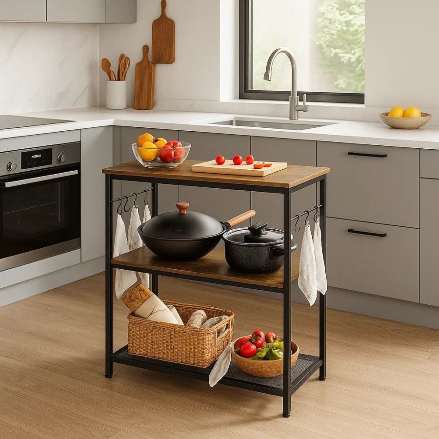 Click to view product details and reviews for Kitchen Island Shelf Baker’s Rack With 3 Shelves Hooks Rustic Brown Black.